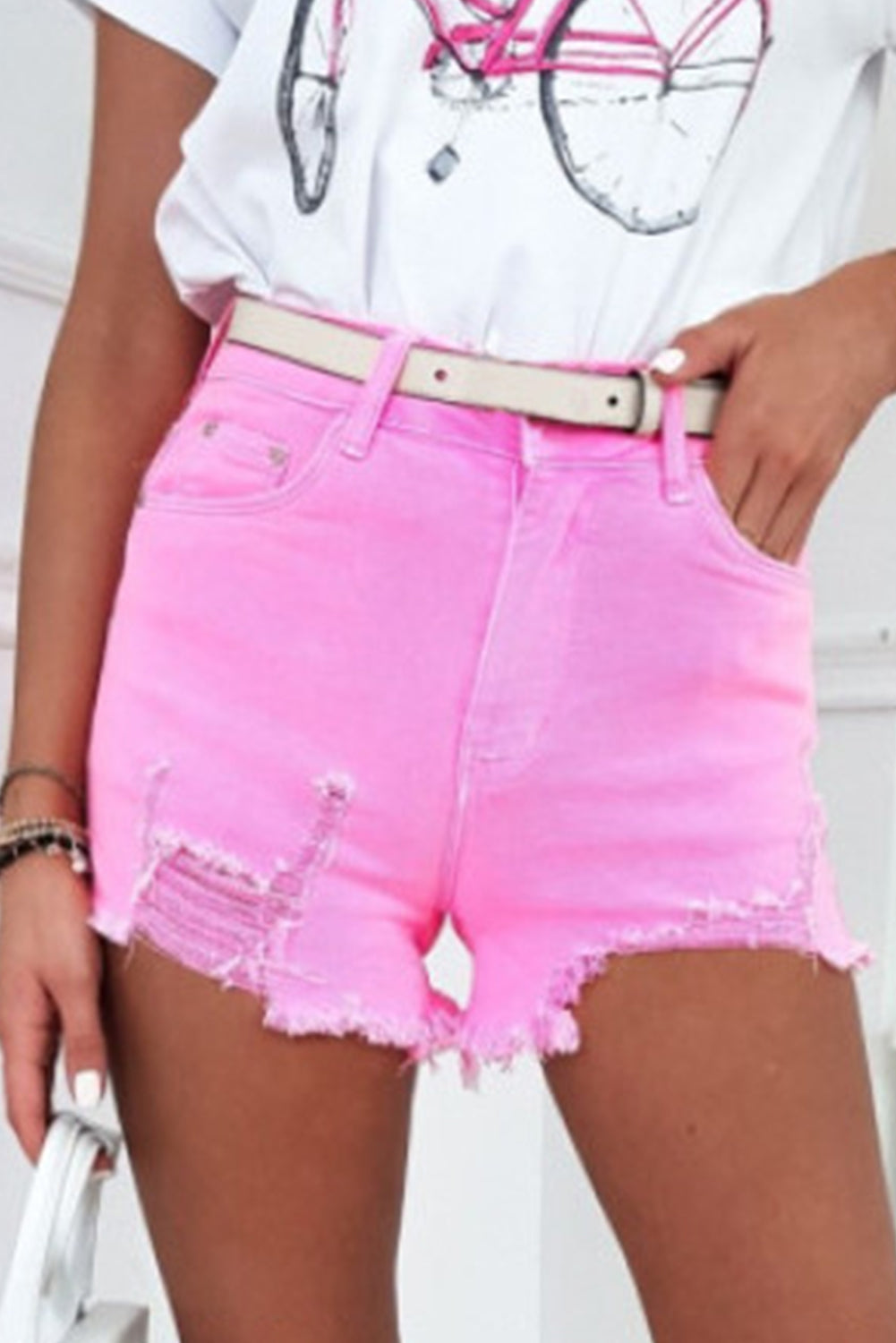 Rose Solid Color Distressed Denim Shorts