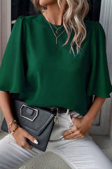 Blackish Green Solid Color Keyhole Back Puff Sleeve Blouse