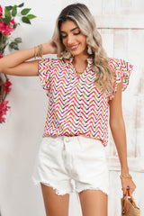 Multicolor Chevron Print Frill V Neck Ruffle Blouse