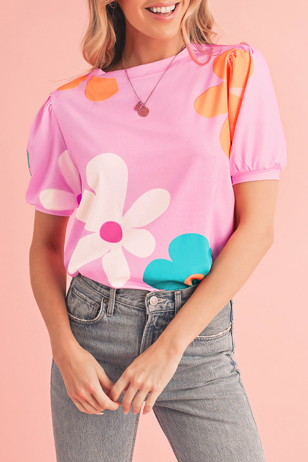 Pink Colorful Flower Print Bubble Sleeve Tee