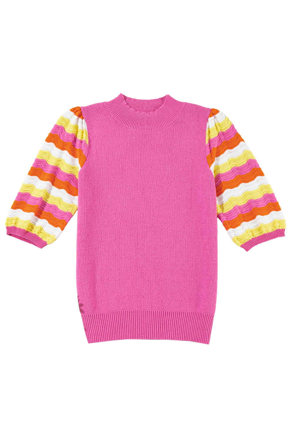 Pink Ribbed Knit Contrast Short Sleeve Mock Neck Sweater