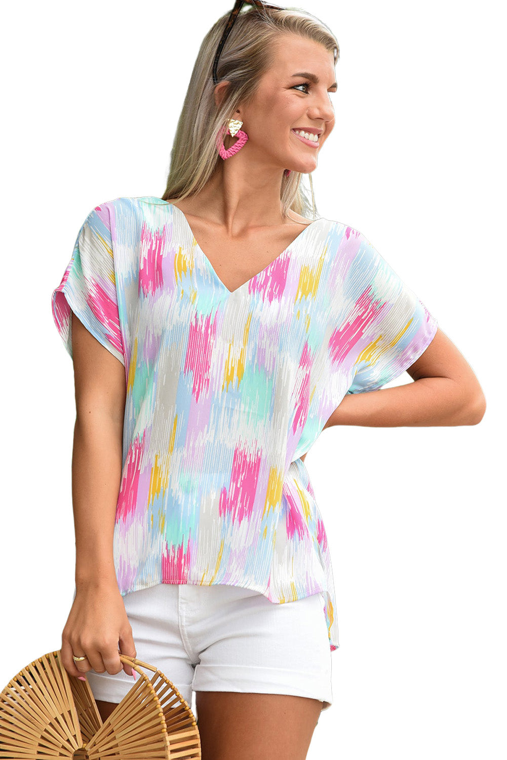 Multicolor Abstract Print V Neck Short Sleeve Dolman Blouse