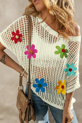 White Hollowed Crochet Colorful Flower Loose Knit T Shirt