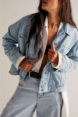 Sky Blue Stripe Washed Oversized Pocketed Denim Jacket