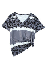 Wholesale Gray Tie Dye Leopard Print V Neck T Shirt