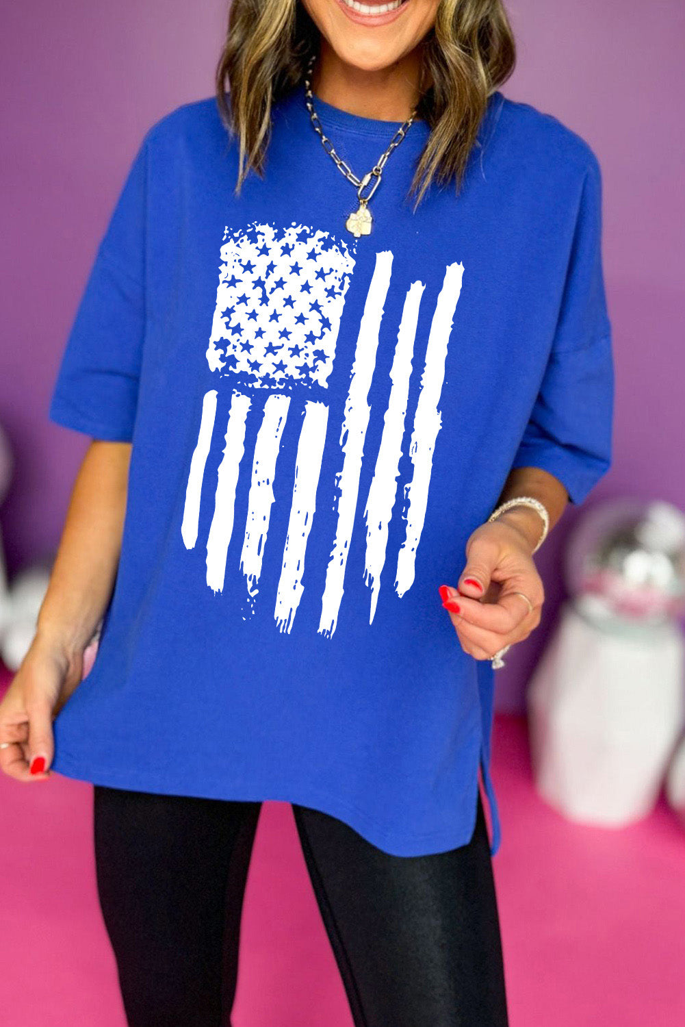 Dark Blue Distressed American Flag Graphic Split Baggy T Shirt