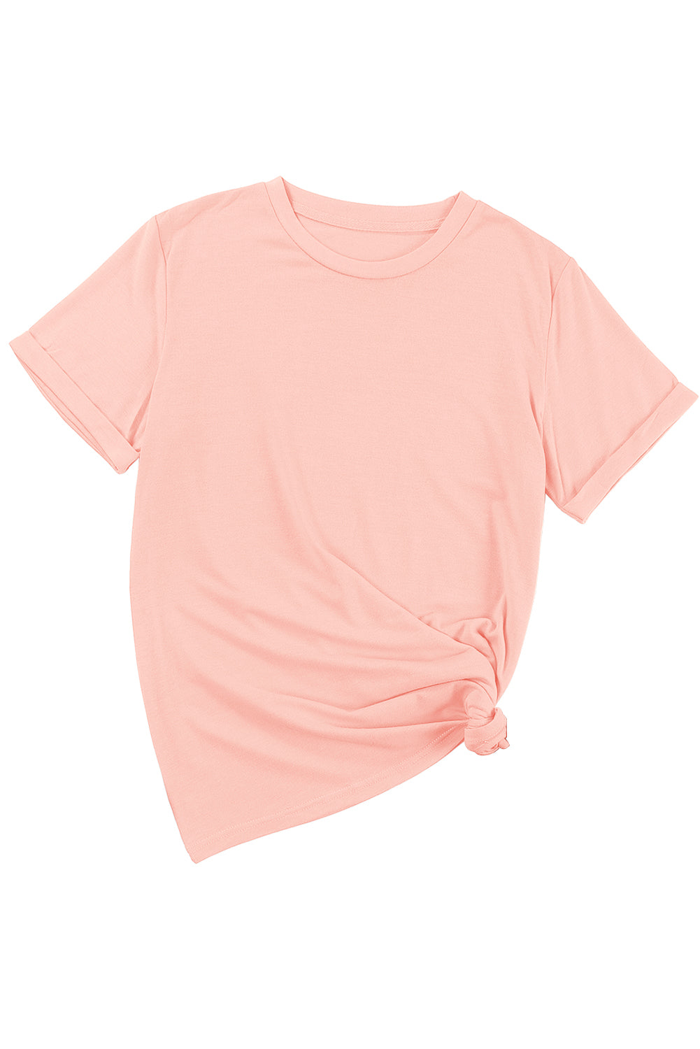 Pink Solid Color Basic Crew Neck Plain Tee