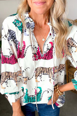 White Colorful Tiger Print Lantern Sleeve Blouse