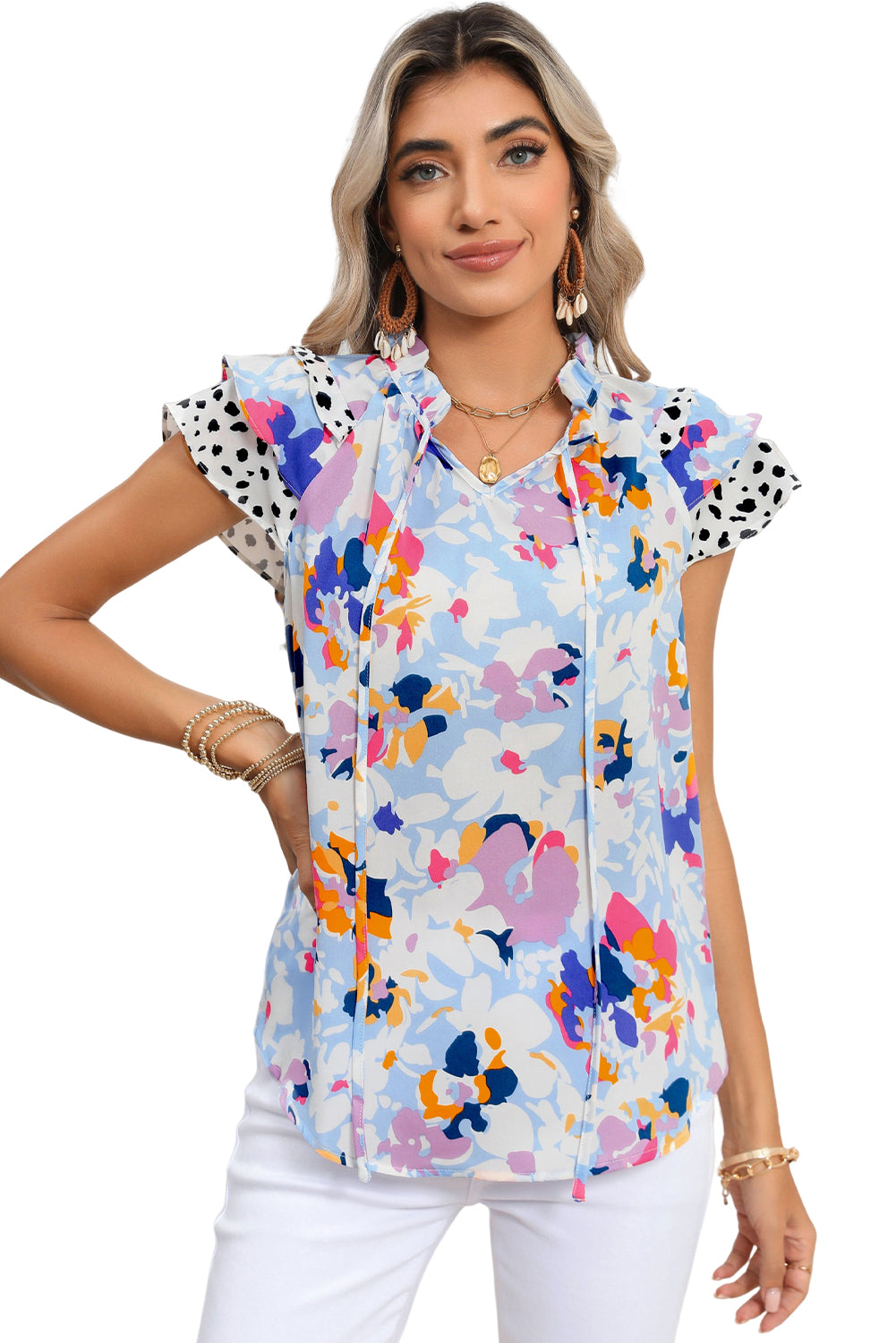 Light Blue Floral Print Ruffle Flutter Sleeve V Neck Blouse