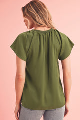 Jungle Green Pleated Flutter Sleeve Satin Blouse