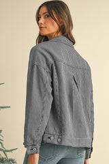 Blue Stripe Washed Oversized Pocketed Denim Jacket