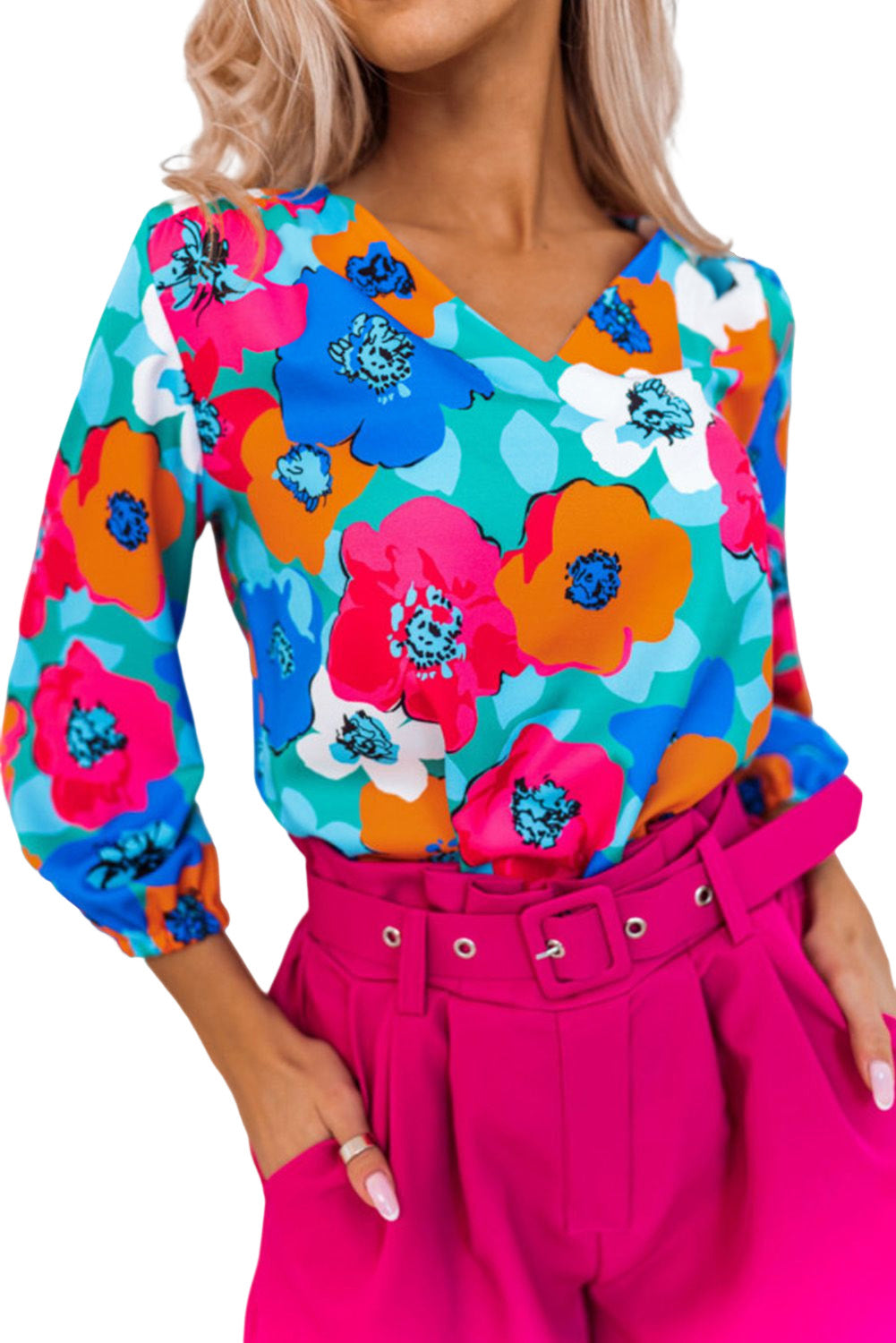 Multicolor Floral Print Casual V Neck Blouse