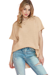 Wholesale Apricot Side Slit Short Sleeve Oversized Sweater