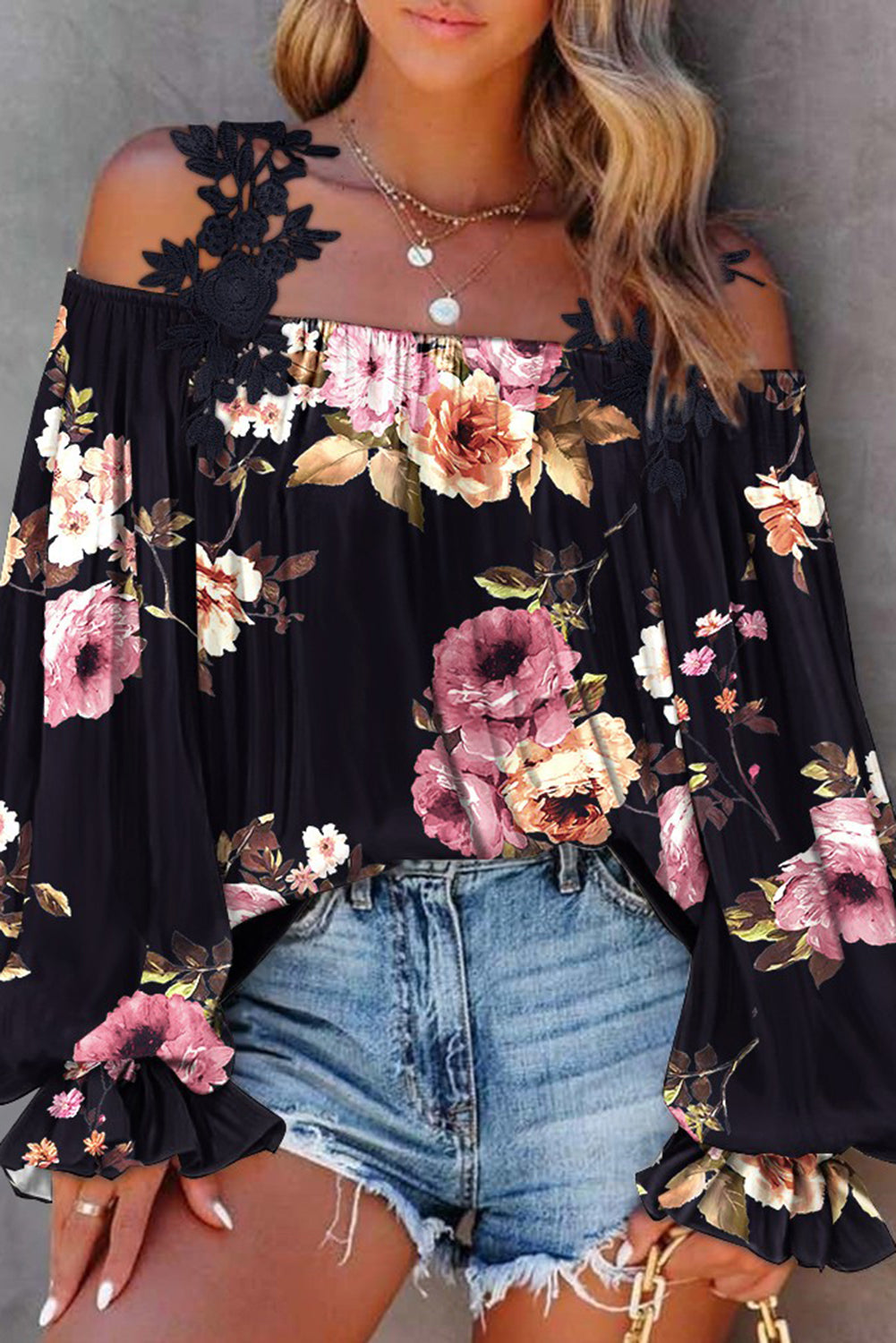 Black Floral Print Lace Loose Off Shoulder Blouse