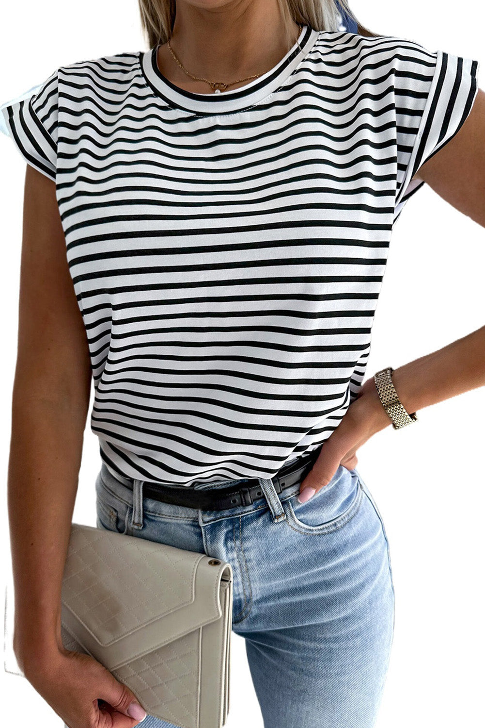 White Striped Cap Sleeve Crew Neck T Shirt