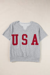 Light Grey USA Letter Patch Notched Neck Loose Tee