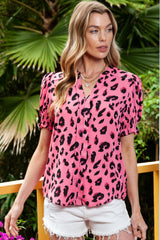 Pink Leopard Print V Neck Smocked Puff Sleeve Blouse