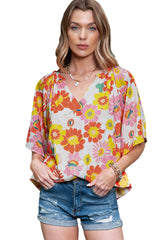 Orange Floral Print V Neck Flutter Sleeve Blouse for Women