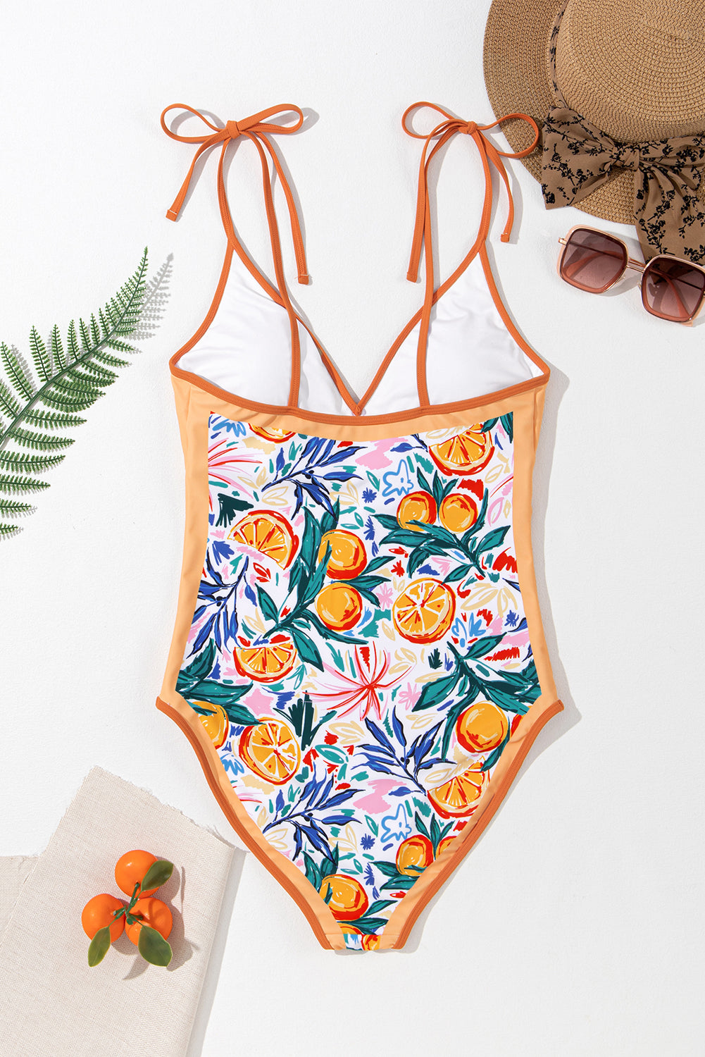 Orange Fruit Plant Print Tie Straps V Neck One Piece Swimsuit