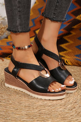 Black Leather Crossed Strap Metal Decor Wedge Sandals