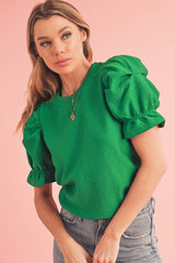 Dark Green Ruffle Puff Sleeve Textured Plain Top