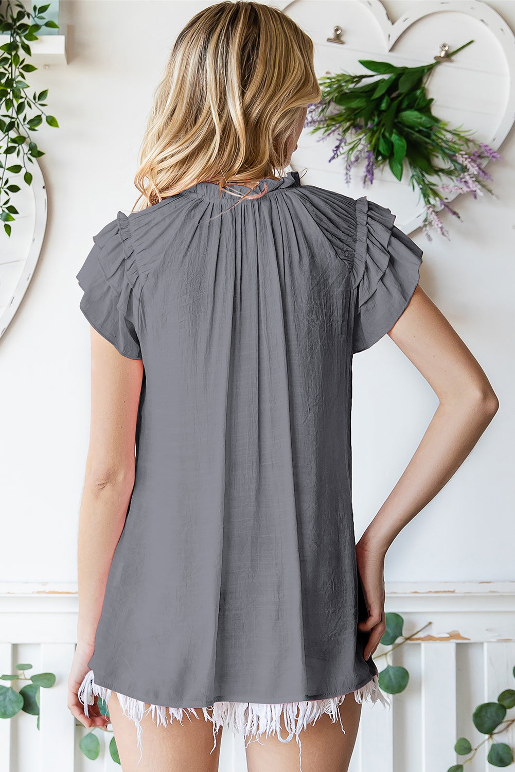 Gray V Neck Tiered Ruffle Sleeve Summer Top