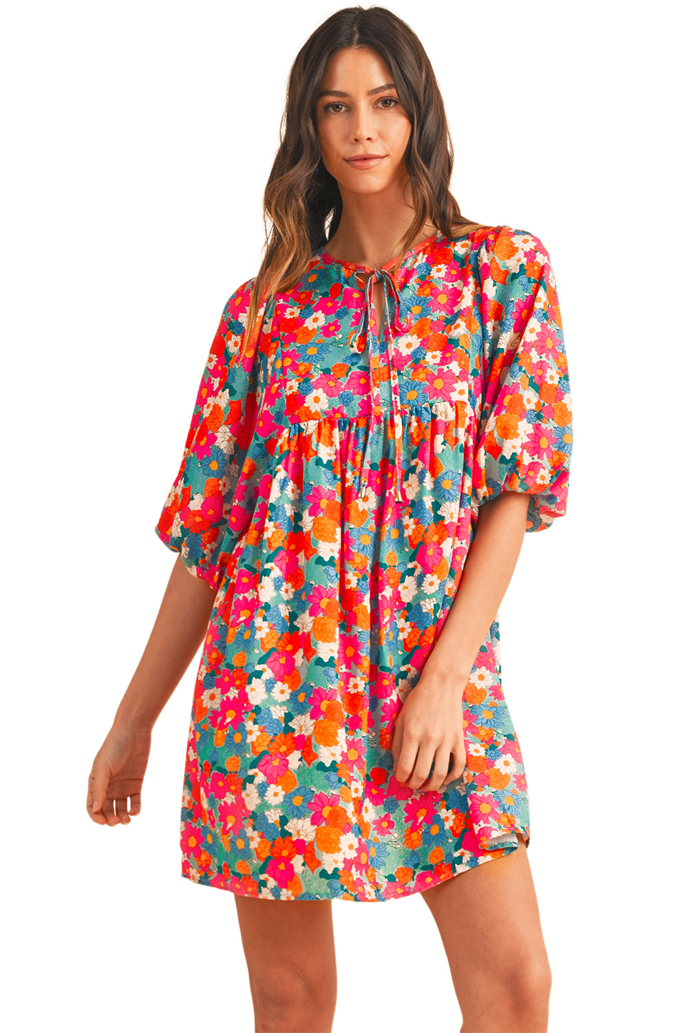 Sky Blue Boho Floral Print V Neck Lantern Sleeve Babydoll Dress