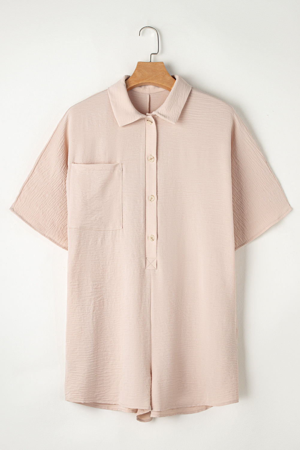 Apricot Plain Half Button Collared Pocket Loose Romper