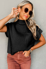 Wholesale Black Patch Pocket Ribbed Knit Short Sleeve Sweater