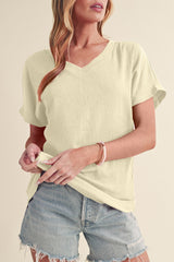 Apricot Solid Color Crinkled V Neck T Shirt