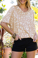 Apricot Leopard Print V Neck Loose T Shirt