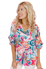 Light Blue Abstract Print Ruffle V Neck Babydoll Blouse