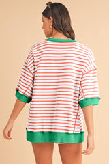 Orange Striped Contrast Trim Drop Sleeve Loose Top