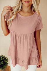 Pink Solid Color Crinkled Short Sleeve Ruffle Hem Blouse