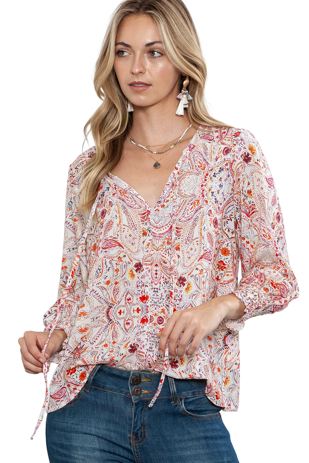 Red Boho Paisley Print Shirred Cuffs Blouse