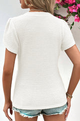 White Tulip Sleeve Waffle Knit V Neck T-Shirt