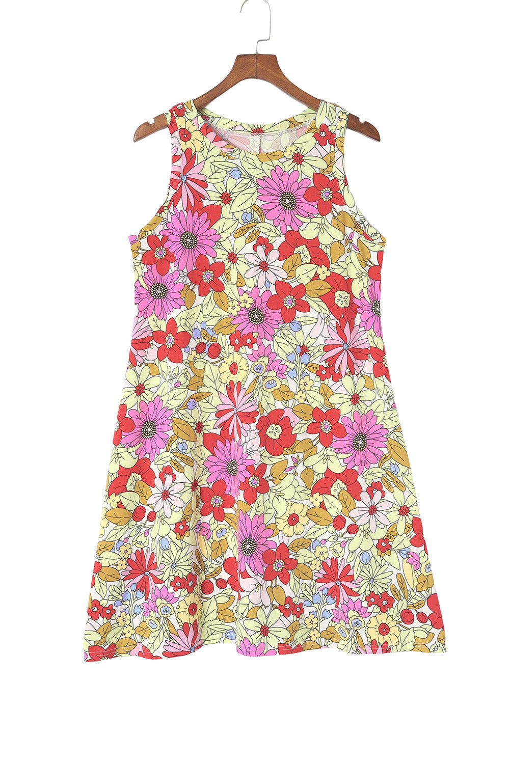 Red Round Neck Sleeveless Floral Short Dress