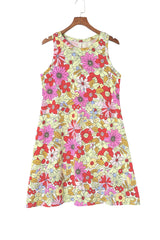 Red Round Neck Sleeveless Floral Short Dress