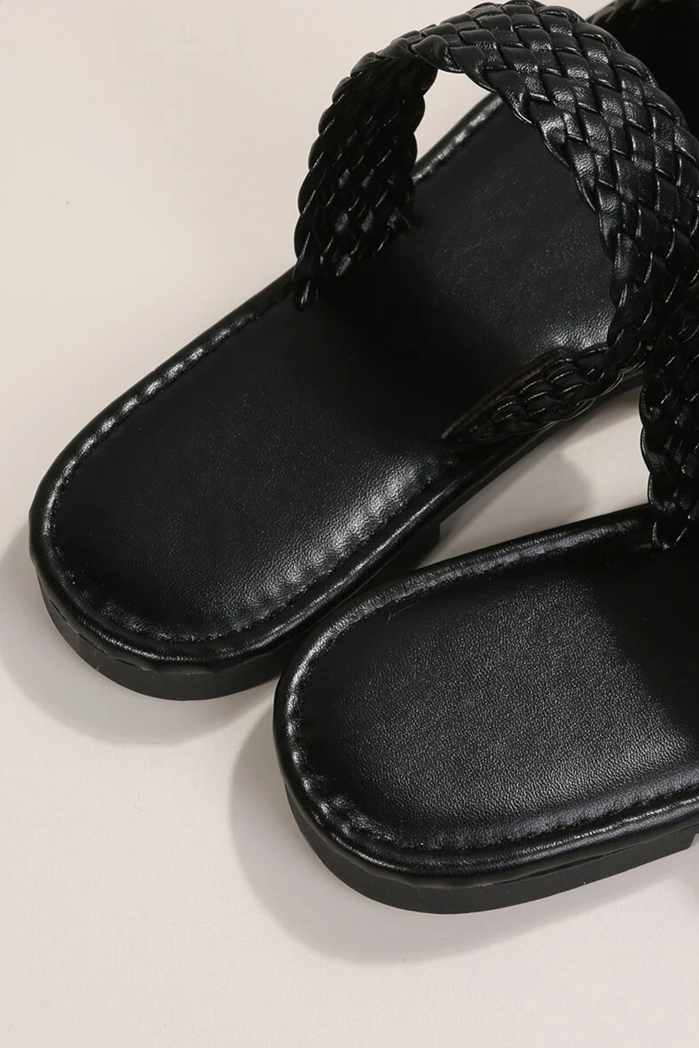 Black Braided Double Band Leather Flat Slides Shoes