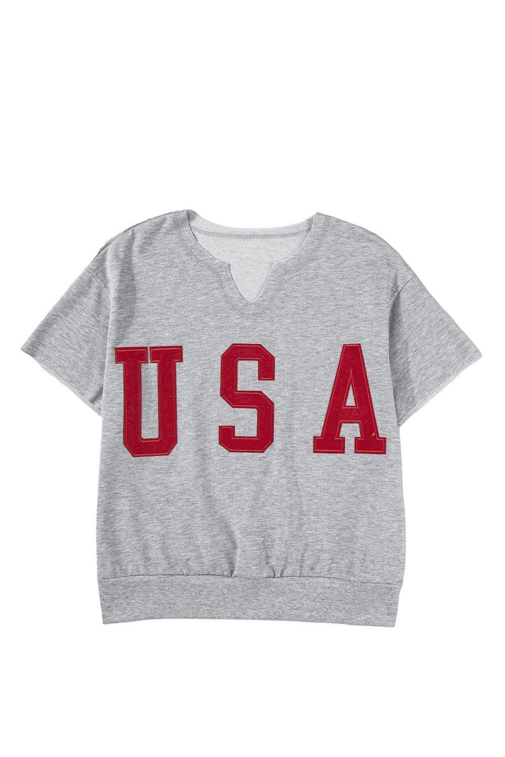 Light Grey USA Letter Patch Notched Neck Loose Tee