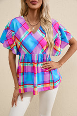 Sky Blue Colorful Plaid V Neck Ruffled Babydoll Blouse