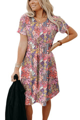 Multicolor Foral Print Short Sleeve A-line High Waist Dress