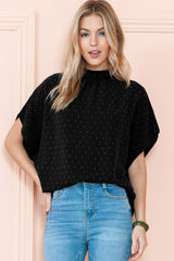 Black Swiss Dot Mock Neck Batwing Sleeve Blouse