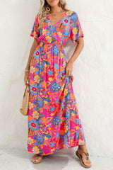 Rose Boho Abstract Print V Neck Short Sleeve Maxi Wrap Dress