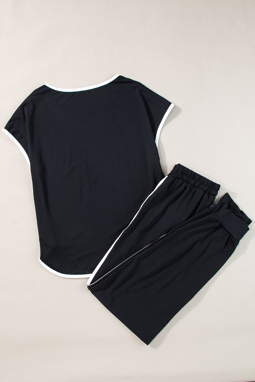 Black Contrast Trim Top & Drawstring Pants Set