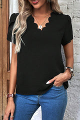 Black Scallop Trim V Neck Petal Sleeve Blouse