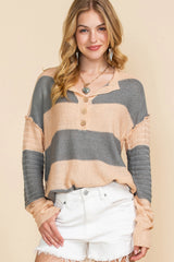 Khaki Colorblock Ribbed Contrast Trim Henley Sweater