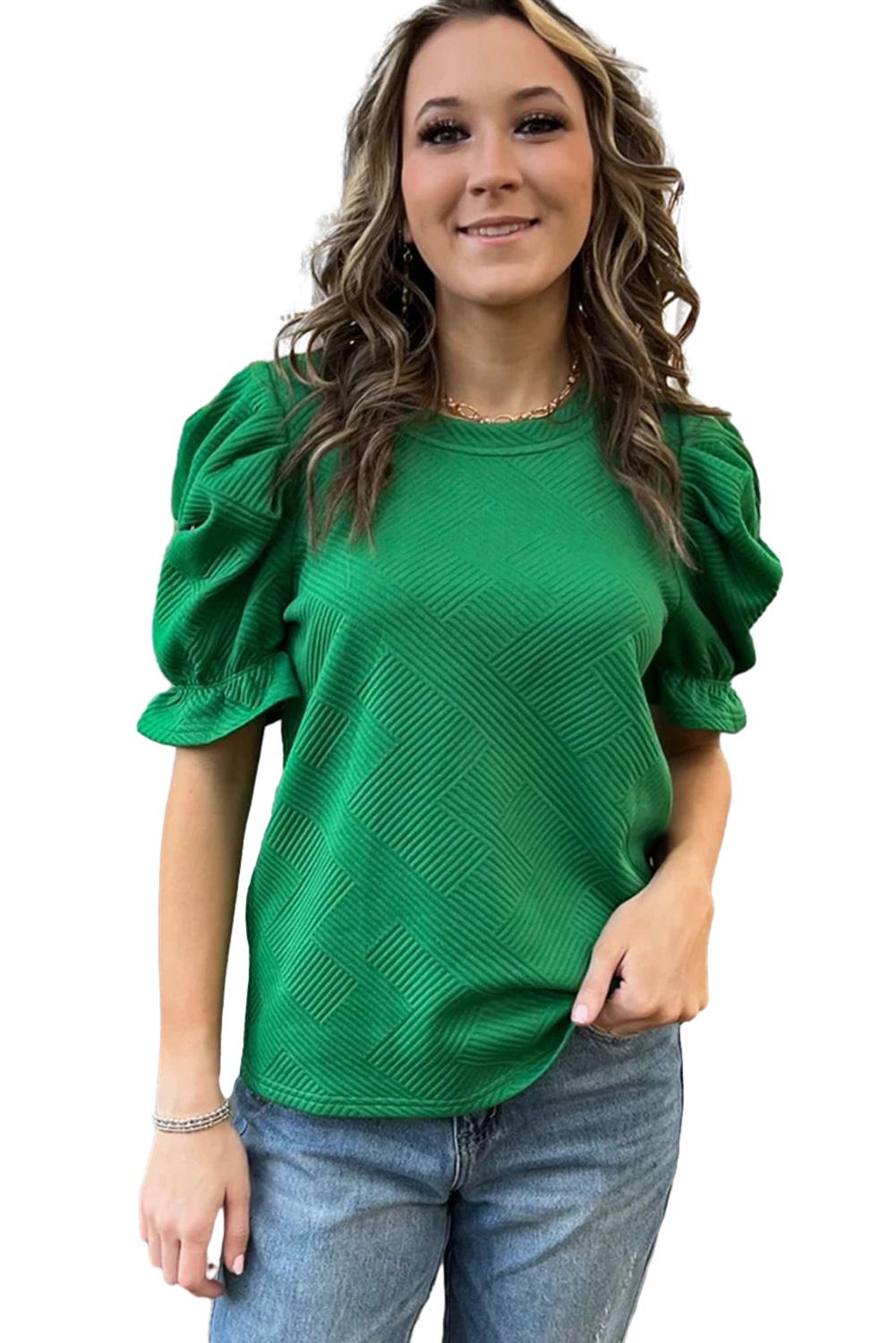 Dark Green Ruffle Puff Sleeve Textured Plain Top