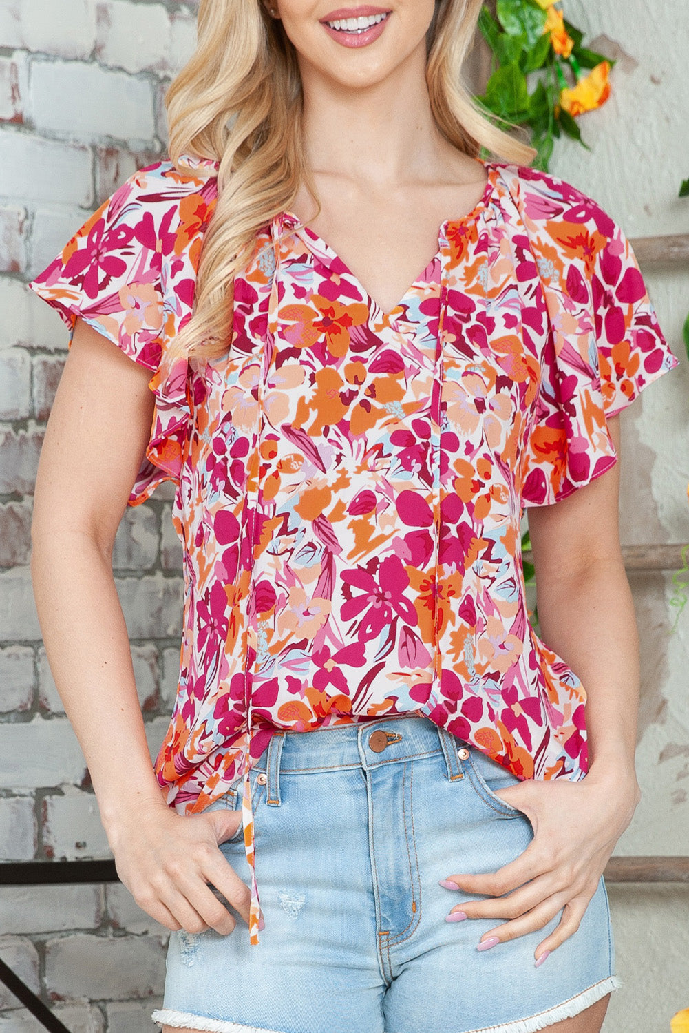 Red Floral Print Flutter Sleeves Short Sleeve Blouse