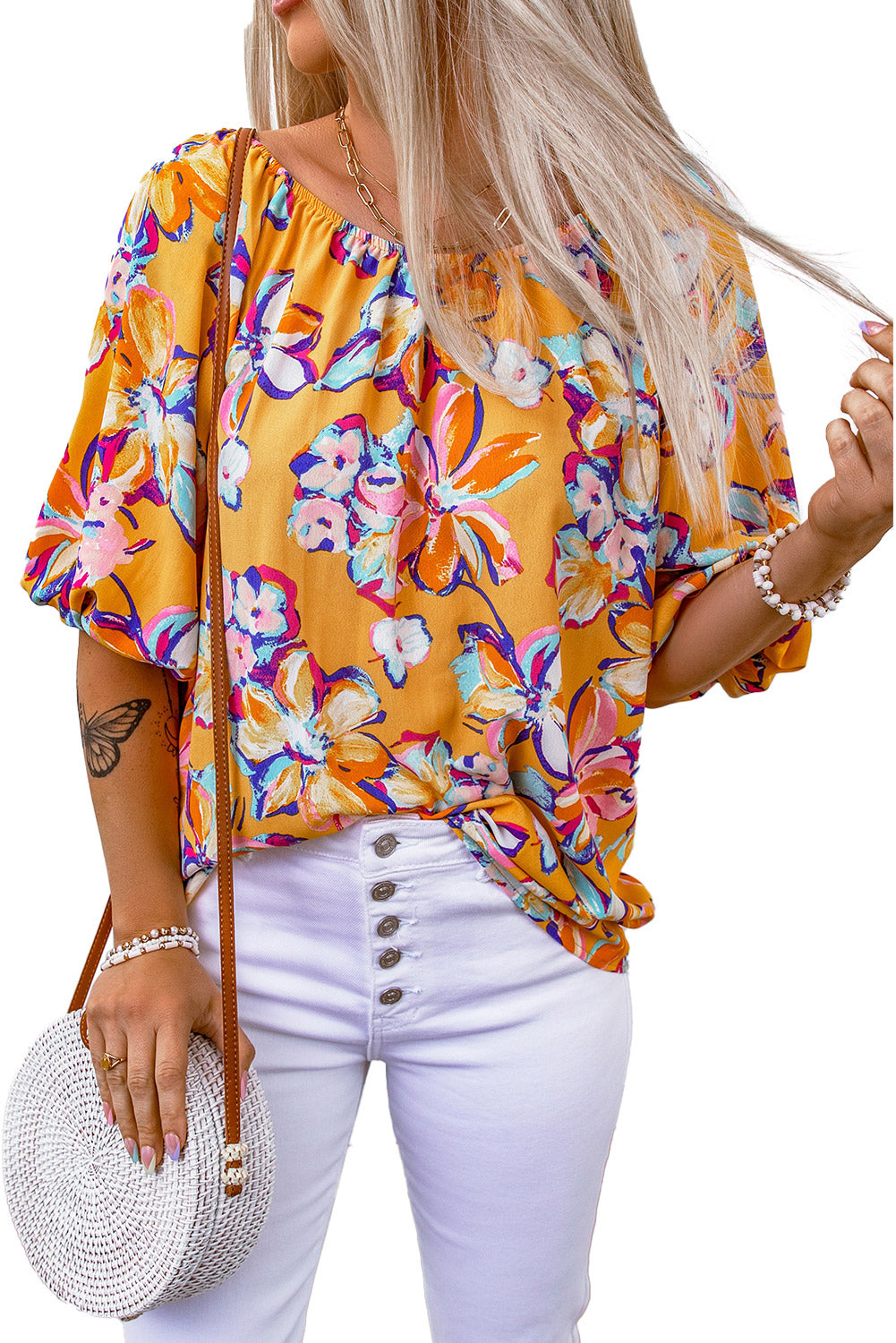 Yellow Floral Print Boho Half Sleeve Bishop Sleeve Blouse